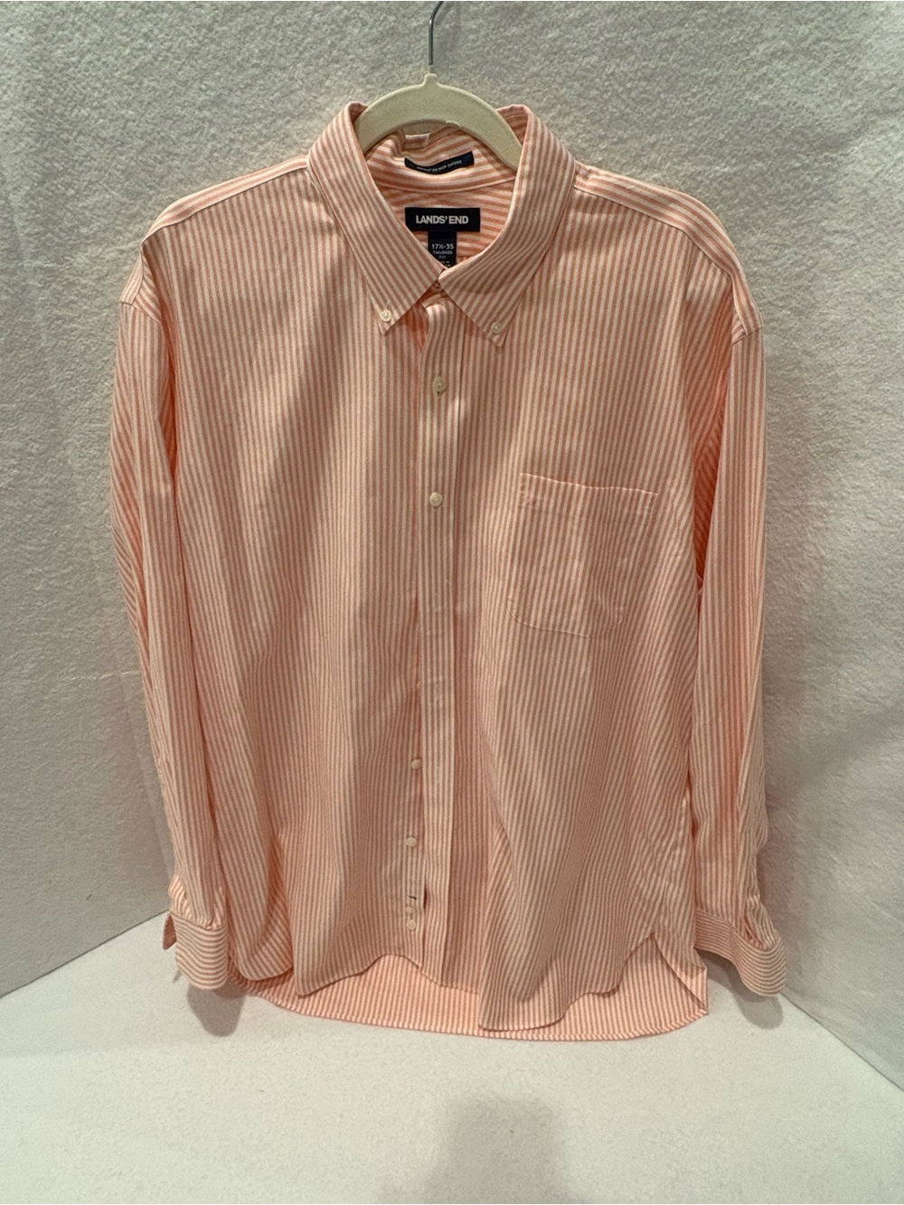 Lands' End Men's Peach and White Striped Button-Down Shirt